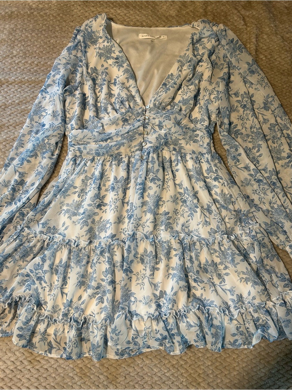 Altar'd State Blue Floral V-Neck Tiered Long Sleeve Mini Dress